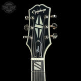 Headstock of Used Epiphone Futura SG Custom Midnight Ember Shift.