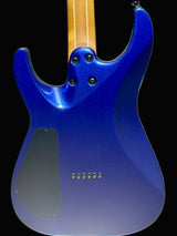 Blue electric guitar with a wooden neck on a gray background