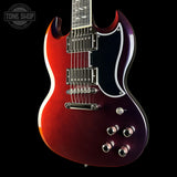 Front angle of Used Epiphone Futura SG Custom Midnight Ember Shift.
