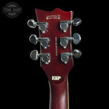 Close-up of the headstock of an ESP guitar, showing six silver tuning pegs, model number HAE27, and the white ESP logo on a black background.