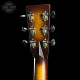 Back of headstock of Martin Custom Shop 28 Style OM Adirondack/Pacific Big Leaf Flamed Maple Ambertone.
