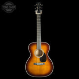 Full front of Martin Custom Shop 28 Style OM Adirondack/Pacific Big Leaf Flamed Maple Ambertone.