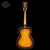 Full back of Martin Custom Shop 28 Style OM Adirondack/Pacific Big Leaf Flamed Maple Ambertone.