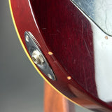 Close-up of the side body of an electric guitar showing a dark reddish-brown gloss finish, a gold edge stripe, a black hardware plate with a silver screw terminal, and a white pickguard.