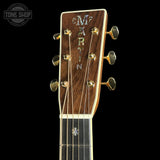 Headstock of Martin Custom Shop 42 Style Super D Adirondack/Wild Grain East Indian Rosewood.