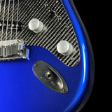 Close-up of a blue electric guitar with a carbon fiber texture on the body.