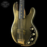 Front angle of Ernie Ball Music Man 50th Anniversary StingRay Molten Gold.