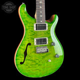 Front angle of 2024 PRS Paul Reed Smith CE24 Semi-Hollow Quilt Eriza Verde.