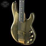 Front angle of Ernie Ball Music Man 50th Anniversary StingRay Molten Gold.