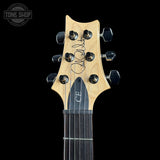 Headstock of 2024 PRS Paul Reed Smith CE24 Semi-Hollow Quilt Black Amber.