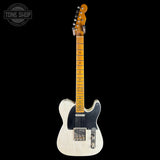 A classic Fender Telecaster electric guitar with a natural wood neck and headstock, featuring a white body, black pickguard, and chrome hardware, shown against a solid black background.