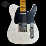 A classic Telecaster electric guitar with a white flamed maple body, black pickguard, and a natural maple neck, shown against a solid black background. A 'TONE SHOP' watermark is visible in the top-left corner.