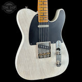 A Fender Telecaster-style electric guitar with a white flamed maple body, black pickguard, and maple neck, shown against a black background with a Tone Shop watermark in the top left corner.