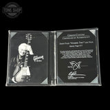 Gibson Custom Certificate of Authenticity for Jimmy Page's Les Paul guitar, featuring a black and white photo of Jimmy Page holding a guitar.