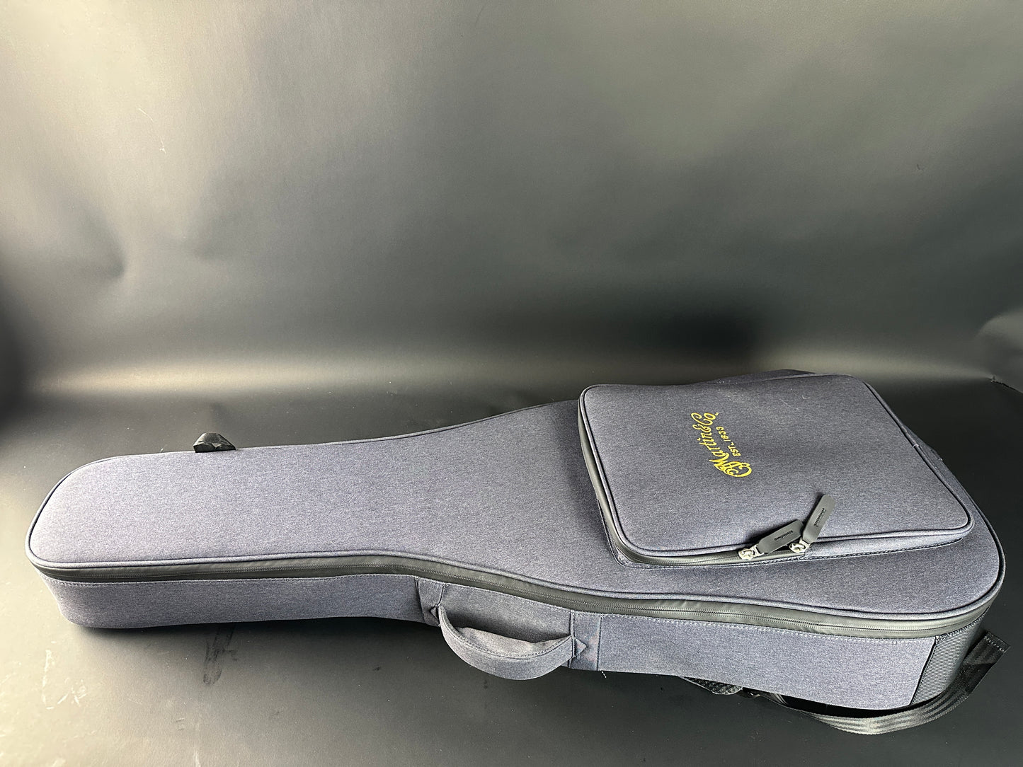 Gray guitar case with a brand logo on a gray background