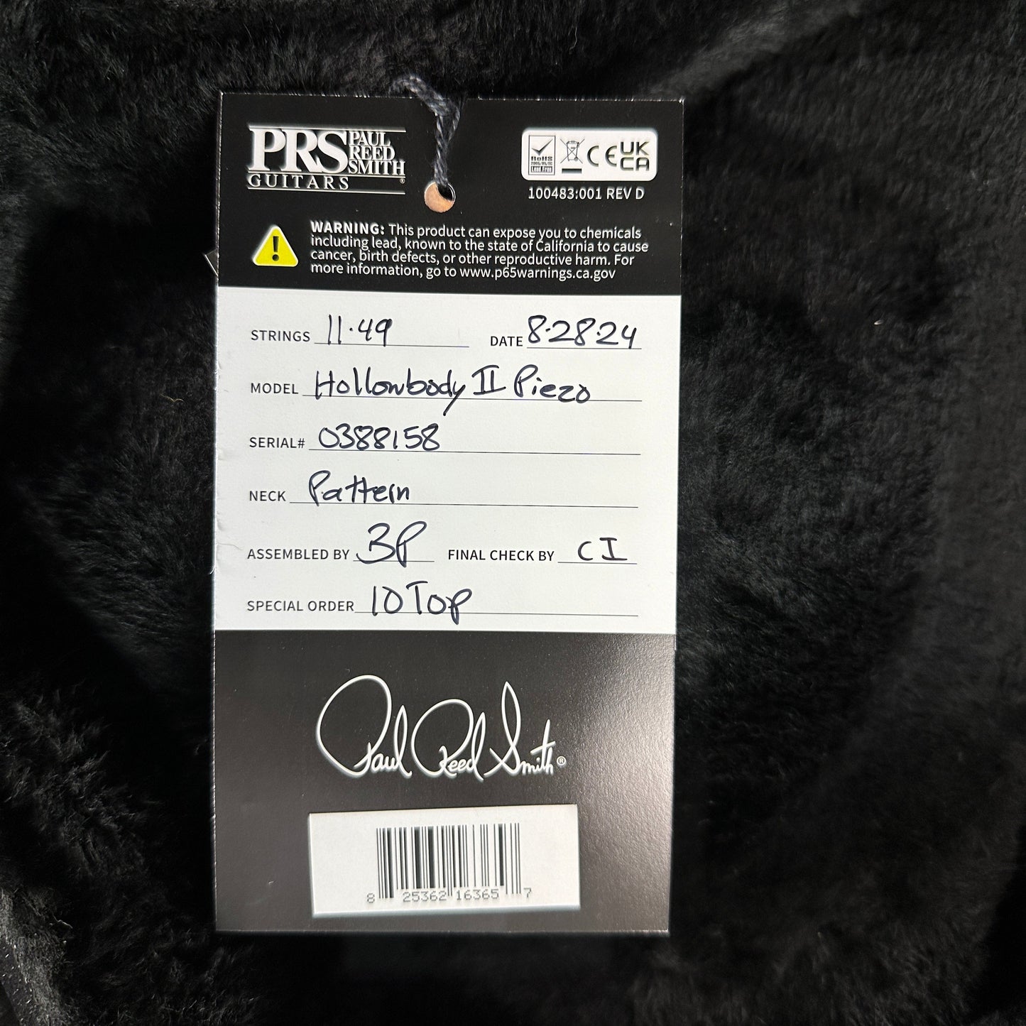 Hang tag for PRS Hollowbody II Piezo 10-top Red Tiger.