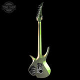 A silver electric guitar with a green-to-yellow iridescent finish on the neck and body, featuring a skull and crossbones graphic on the lower bout. The Tone Shop logo is visible in the top-left corner.
