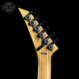 Close-up of a guitar headstock with tuning pegs on a black background, featuring the Tone Shop logo.