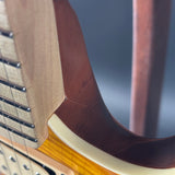 Close-up of a guitar's neck and fretboard with a blurred background