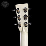 Back of headstock of Used Martin Custom Shop OM Red/White/Blue EIR/Sitka.
