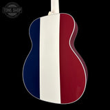 Back angle of Used Martin Custom Shop OM Red/White/Blue EIR/Sitka.
