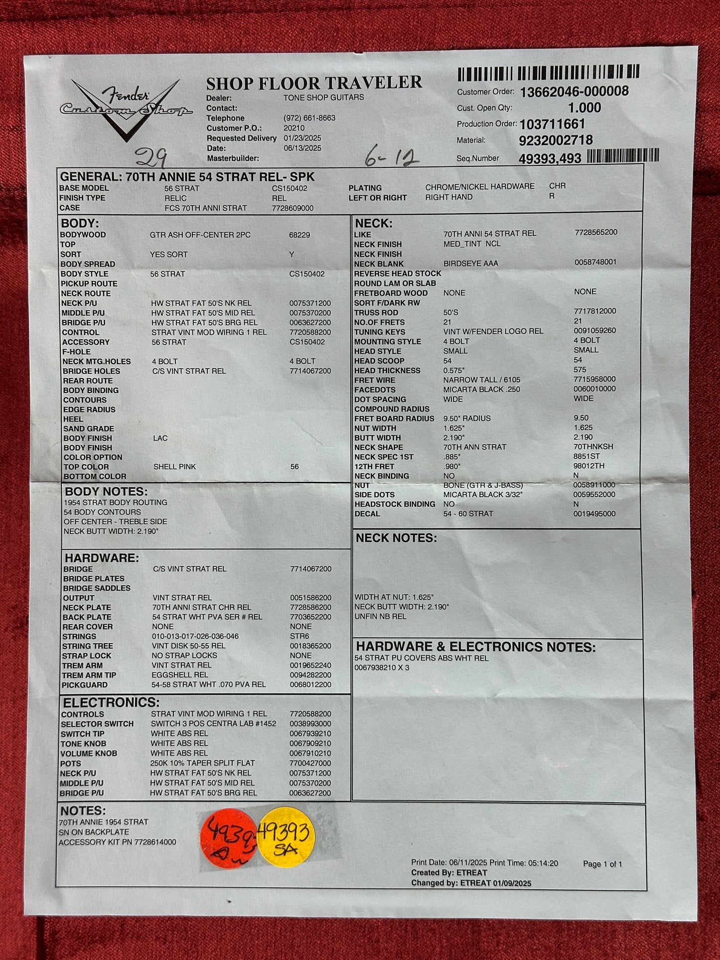 Spec sheet for Fender Custom Shop 70th Anniversary 1954 Stratocaster Relic Shell Pink.