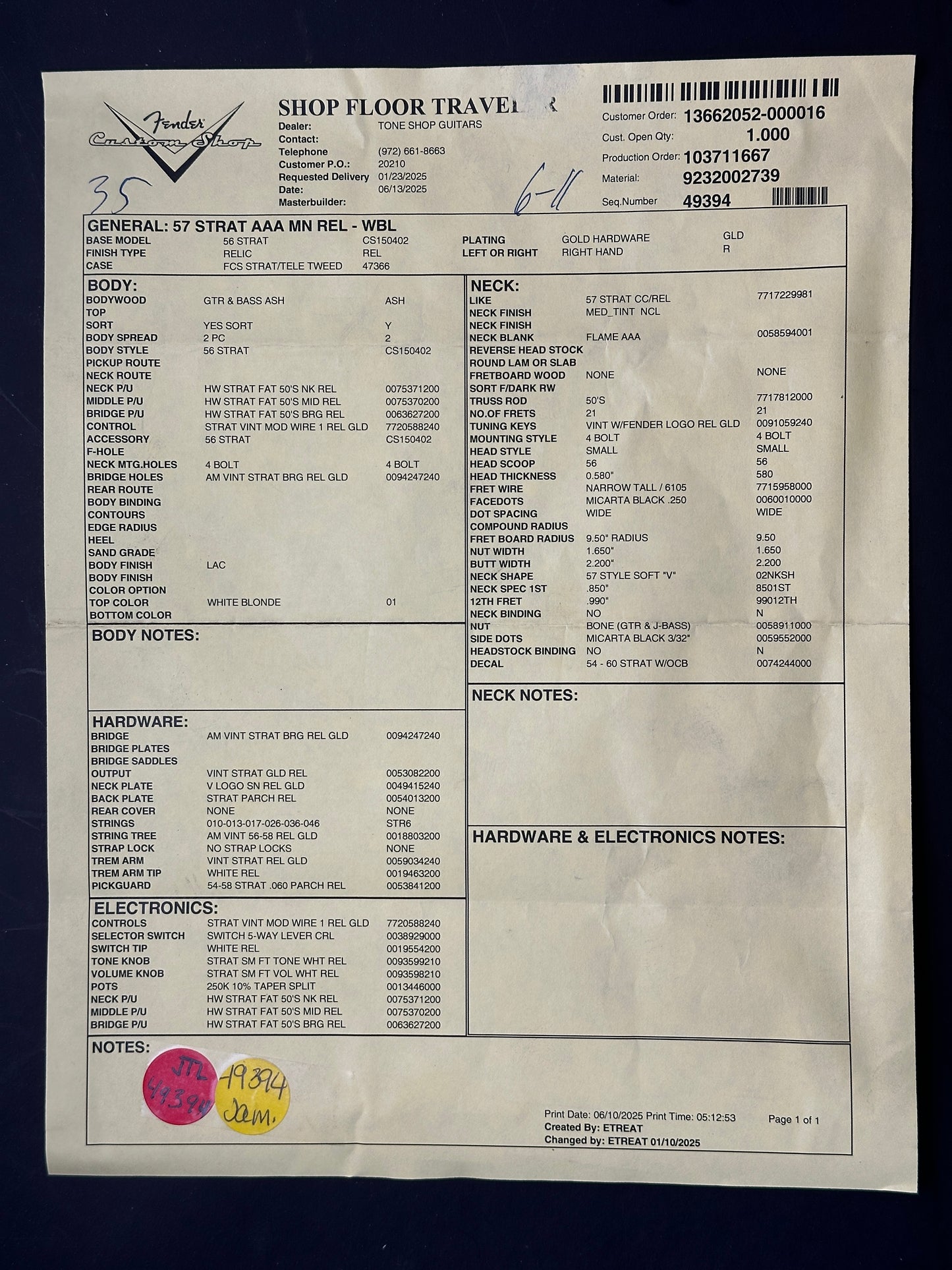Spec sheet for Fender Custom Shop 1957 Stratocaster Relic White Blonde AAA Maple Neck.