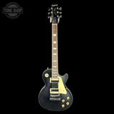 Electric guitar with a black finish on a white background, featuring the Epiphone logo.