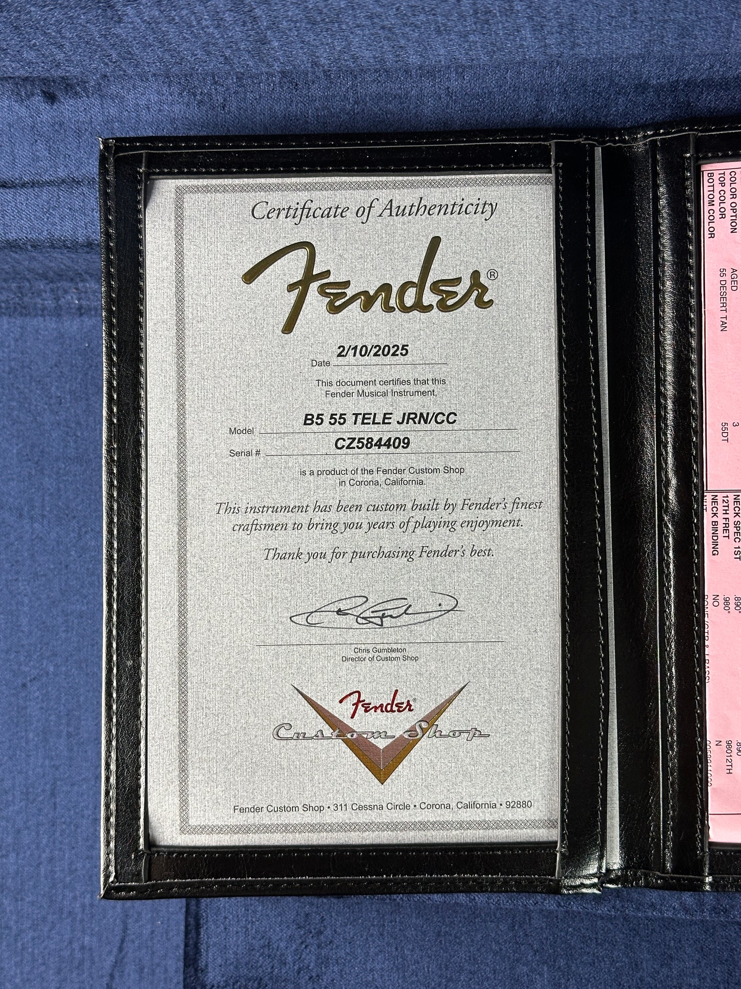 Certificate of authenticity for Fender Custom Shop 1955 Telecaster Journeyman Relic Super Aged '55 Desert Tan.