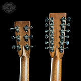 Two wooden guitar heads with tuning pegs on a black background, featuring 'Tone Shop' branding.
