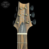 Headstock of PRS Wood Library Custom 24 Stoptail Limited Edition Purple Mist Stained Neck.