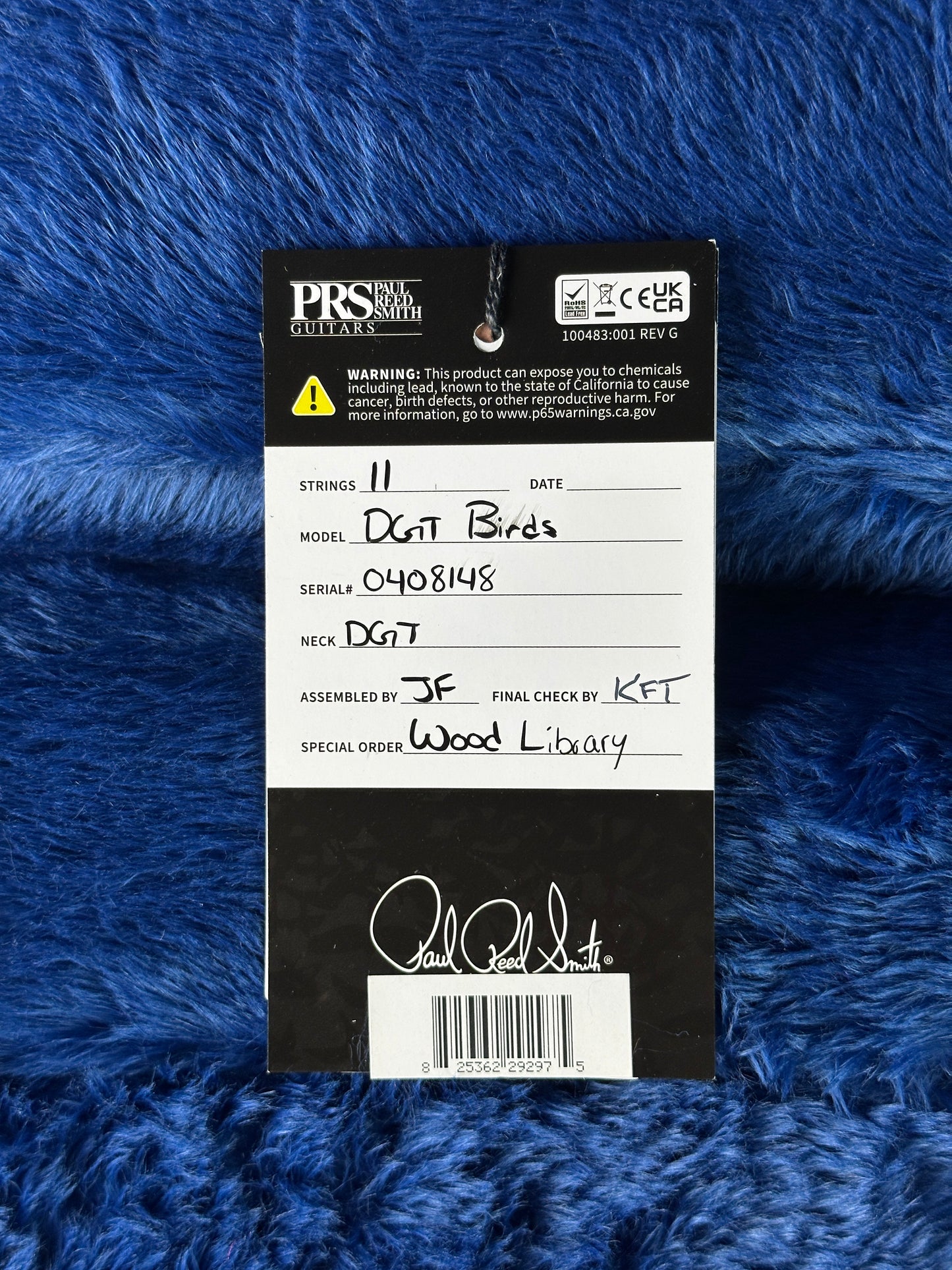 Hang tag for PRS Wood Library DGT Quilt 10 Top Faded Whale Blue Smokeburst.