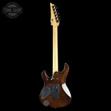 A dark brown electric guitar shown from the back against a solid black background, featuring a maple neck and a white pickguard.