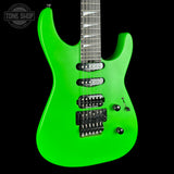 A bright neon green electric guitar with black hardware, shown against a solid black background. A Tone Shop watermark is visible in the top-left corner.