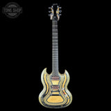 A Gibson SG electric guitar with a distinctive gold and black striped flame finish, shown against a solid black background. The Gibson logo is visible on the headstock, and a Tone Shop watermark is in the upper left corner.