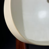 Close-up of a glossy white ceramic sink basin showing the rim and a small water droplet, with a dark background and a hint of a wooden surface below.