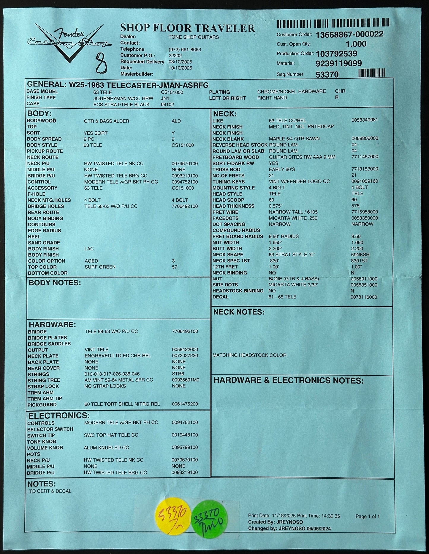 Spec sheet for Fender Custom Shop 1963 Telecaster Journeyman Relic Aged Surf Green.