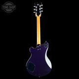 A purple electric guitar shown from the back against a solid black background, featuring a light wood neck, chrome tuning hardware, and a white side accent.