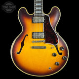 Front of Gibson Custom 1959 ES-355 Bourbon Burst Heavy Aged.