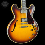 Front angle of Gibson Custom 1959 ES-355 Bourbon Burst Heavy Aged.