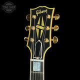 Headstock of Gibson Custom 1959 ES-355 Figured Dark Viking Red Ultra Light Aged.