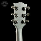 Back of headstock of Gibson Custom Shop 1959 ES-355 Reissue Diamond F-Holes Silver Sparkle Heavy Flake Gloss.