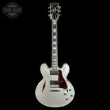 Full front of Gibson Custom Shop 1959 ES-355 Reissue Diamond F-Holes Silver Sparkle Heavy Flake Gloss.