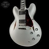 Front angle of Gibson Custom Shop 1959 ES-355 Reissue Diamond F-Holes Silver Sparkle Heavy Flake Gloss.