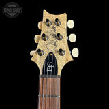 Guitar headstock with brand logo on a black background