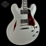 Front angle of Gibson Custom Shop 1959 ES-355 Reissue Diamond F-Holes Silver Sparkle Heavy Flake Gloss.