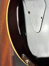 Close-up detail of an electric guitar body showing a glossy dark brown finish, a gold edge stripe, a silver metal pickup cover, and a wood-toned side edge.