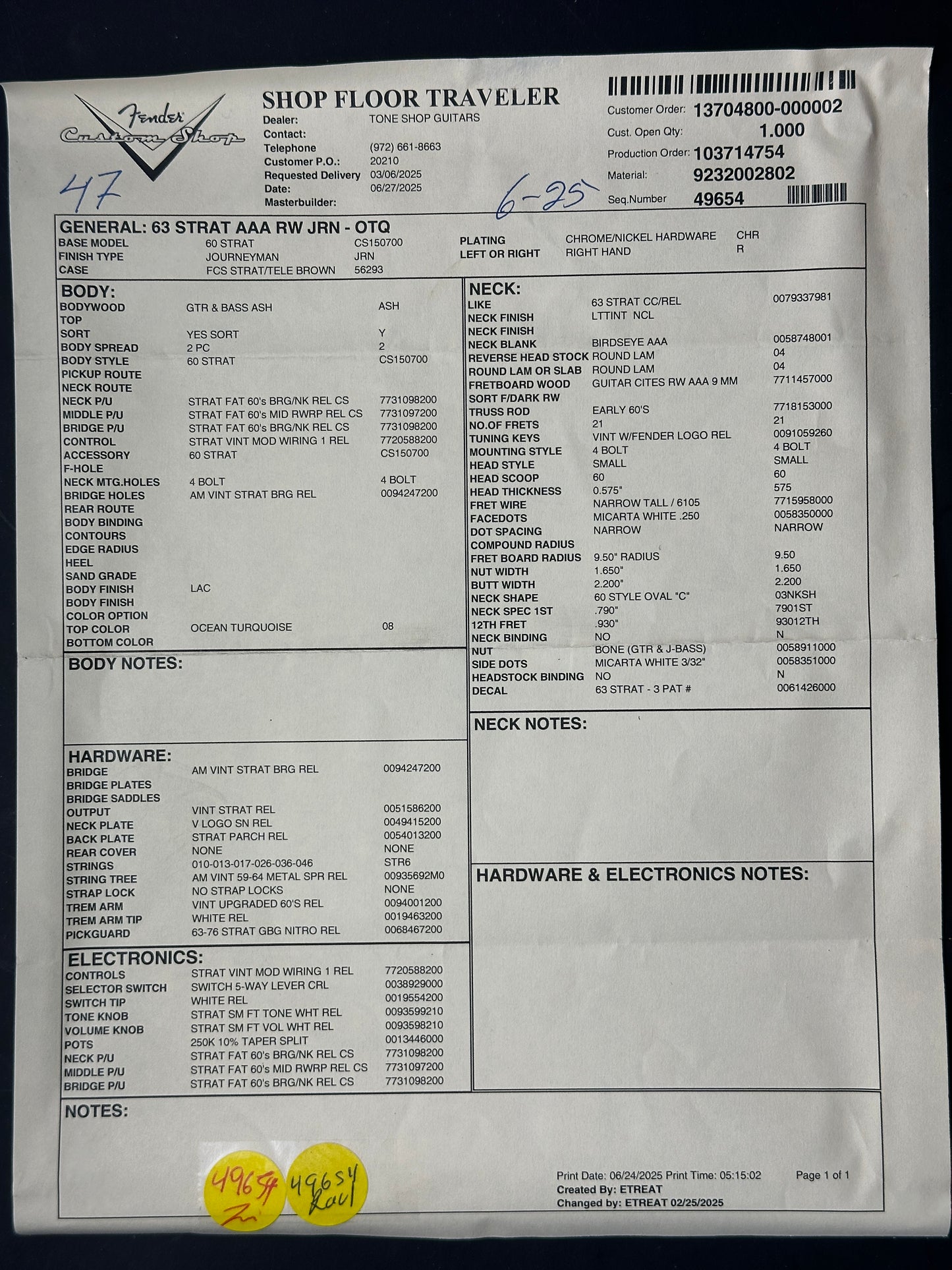 Spec sheet for Fender Custom Shop 1963 Stratocaster Journeyman Relic Ocean Turquoise AAA Maple Neck.