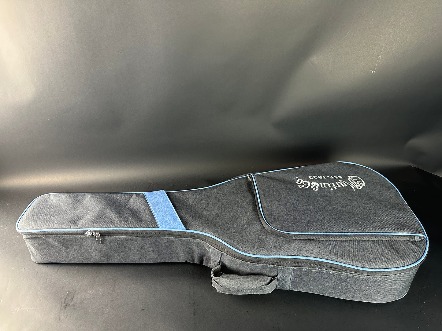 Gray guitar case with a brand logo on a gray background