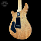 Wooden electric guitar with a visible brand logo on a black background